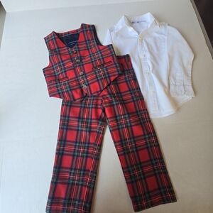 Janie and Jack Plaid Red Kids Vest and Pants Set with White Shirt